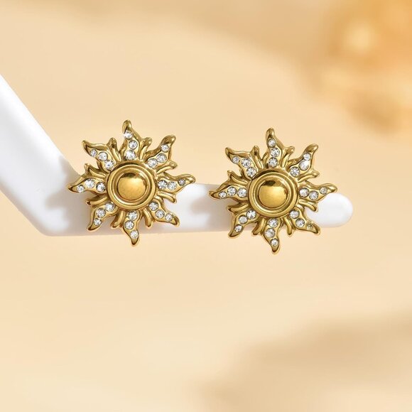 Sun Gold Stud Earrings 1.7mm Hypoallergenic Stainless Steel Celestial Jewelry Gi - Picture 5 of 7